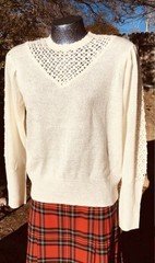 Brownstone Studio Ivory Open-Knit Crochet Yoke Pullover Sweater L vintage 80s ￼