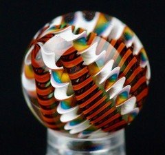 Bryan Trillas Glass Marble/Filigree Cane/UV/White Rainbow Red & Black/0.8-0.9 in