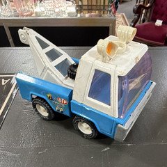 Buddy L Blue White Pressed Steel Tow Truck Wrecker STP Vintage Toy