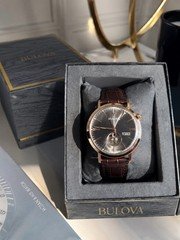 Bulova 150 Men's Automatic Open Heart 21 Jewel Watch Brown Leather Black Dial