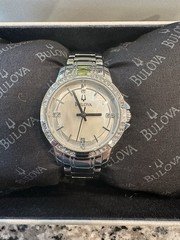 Bulova 96L191 Silver Tone White MOP Dial Swarovski Crystals Womens Dress Watch