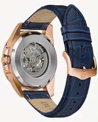 Bulova Automatic Skeleton Dial Watch Rose Gold Case Blue Leather Strap 43mm