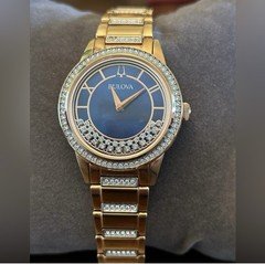 Bulova Crystal Blue Dial Diamond Accent Quartz rose Gold Tone 34mm Bracelet