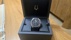Bulova Lunar Pilot Chronograph Quartz 45mm Steel Black Dial Leather Strap Box
