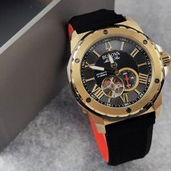 Bulova Marine Star 98A272 Black Gold Dial Rubber Strap Automatic Men's Watch