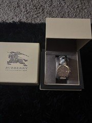Burberry BU9026 Quartz Gray Dial Gold Case Beige Leather Strap Date Box