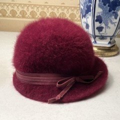 Burgundy Rabbit Hair Cloche Hat Solid Bow Accent One Size Women’s Casual