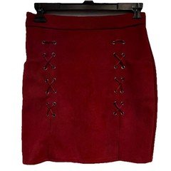 Burgundy Red Faux Suede Lace-Up Grommet Mini Skirt | Edgy Bodycon A-Line Skirt