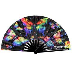 Butterfly Rainbow Large Bamboo Folding Clack Hand Fan for Raves Festivals LGBT