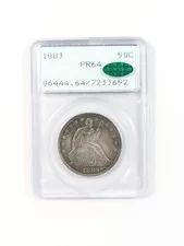 This is a picture showing 1883 Seated Liberty Half Dollar 50C PCGS PR64 Green CAC Vintage OGH Rattler