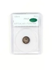 This is a picture showing 1864 3 Cent Silver Trime 3CS PCGS PR65 Green CAC Vintage OGH Rattler -470 Minted