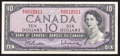 Canada 1954 $10 Ten Dollar Banknote Beattie - Rasminsky M/V 0512311