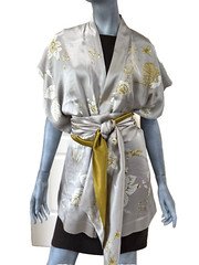 CARINE GILSON, Belgium 100% Silk Satin Short Sleeved Kimono with Obi Sz Medium
