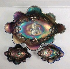 Carnival Glass Dugan WREATHED CHERRY Amethyst Oval Bowl Purple Ruffled Lot Of 3