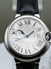 Cartier Ballon Bleu Moon Phase Automatic Swiss Steel Silver Dial Black Strap