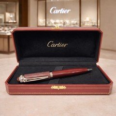 Cartier Burgundy Ballpoint Pen Silver Trim Luxury Gift Set w/ Box