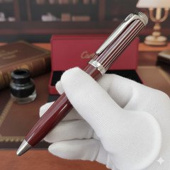 Cartier Burgundy Silver Metal Ballpoint Pen Black Ink Full Box