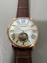 Cartier Mens Automatic Business Casual Watch Brown Leather Strap Rose Gold