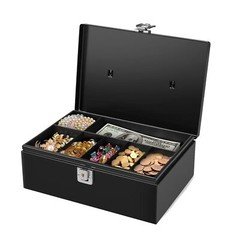 Cash Box with Money Tray and Lock - Black Cash Storage with Latch Lock & Key