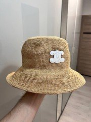 CELINE Triomphe Bucket Hat Raffia Straw Crochet Summer Sun Beach Cap