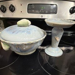 Ceramic Lidded Bowl Blue Beige Shell Seashell Theme Glossy Round