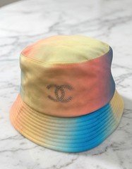CHANEL Tie-Dye Multicolor Logo Cotton Canvas Bucket Hat Women One Size