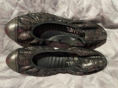 Chanel Women’s Snakeskin Ballet Flats Black/Silver Cap Toe Slip-On Logo 7.5