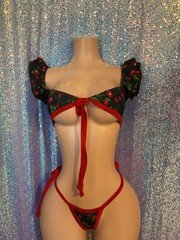 Cherry print ruffle top bikini g string exotic dancewear