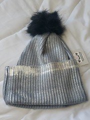 Chloe Silver Knit Beanie with Black Pom Accent