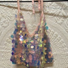 Chloenoel Girls Pink Sequin 2-Piece Dancewear Set Halter Crop Top Shorts S
