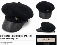 Christian Dior Paris Black Newsboy Cap Wool/Acrylic Leather Brim Logo One Size