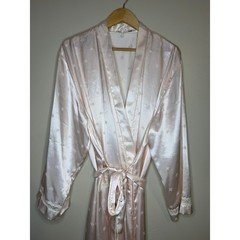 Christian Dior Vintage Pink Satin Jacquard Floral Lace Trim Long Wrap Robe Large