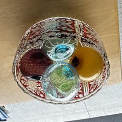 Clear Glass Round Bowl Floral Pattern with Red Band, Blue Accents