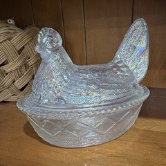 Clear Iridescent Carnival Glass Chicken Hen on Nest, Westmoreland by Rosso