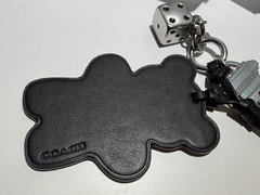 Coach Black Leather Bear Bag Charm Key Chain w/ Silver Metal Dice, Logo