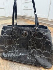 Coach Black Signature Patent Tote Bag Silver Hardware, Bag Charm, Pockets