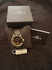Coach New York Women's Quartz Analog Black Dial Gold Case Leather Strap w/ Box