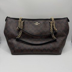 Coach Signature Canvas Chain Tote Bag Double Zip Wristlet Set Brown Preowned