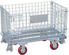 Collapsible Wire Mesh Container W/Casters, Galvanized  Folding Steel Storage Bin