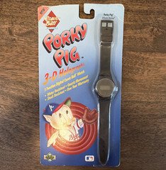 Comix Ball Porky Pig Hologram Digital Quartz Kids Watch Black Rubber Strap