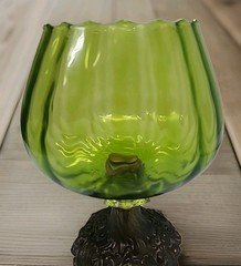 Compote Empoli  Pedestal Large Green Stripped Glass Crystal On Cast Base Mcm 10"