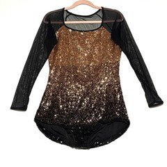 Curtain Call Ombre Sequin Leotard Womens AXL Gold Black Mesh Sleeve Dancewear