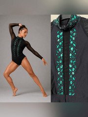 Custom black illusion mesh sleeve Dance Costume emerald green crystal MA adult
