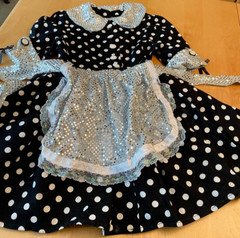 DANCE COSTUME SEQUINS POLKA DOT RETRO STYLE DRESS W/ SILVER APRON GIRLS 5 6