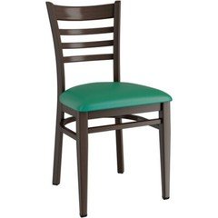 Dark Walnut Ladder Back Metal Restaurant Chair with Green Vinyl Seat Cushion