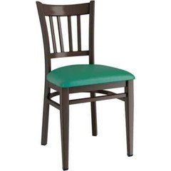Dark Walnut Slat Back Metal Restaurant Chair with Green Vinyl Seat Cushion