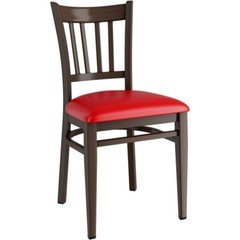 Dark Walnut Slat Back Metal Restaurant Chair with Red Vinyl Seat Cushion