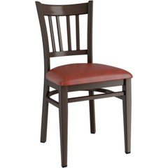 Dark Walnut Slat Back Metal Restaurant Chair with Burgundy Vinyl Seat Cushion