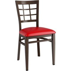 Dark Walnut Window Back Metal Restaurant Chair with Red Vinyl Seat Cushion