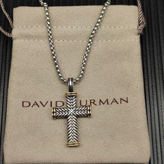 David Yurman 925 Sterling Silver 18K Gold Chevron Cable Cross Pendant Necklace 